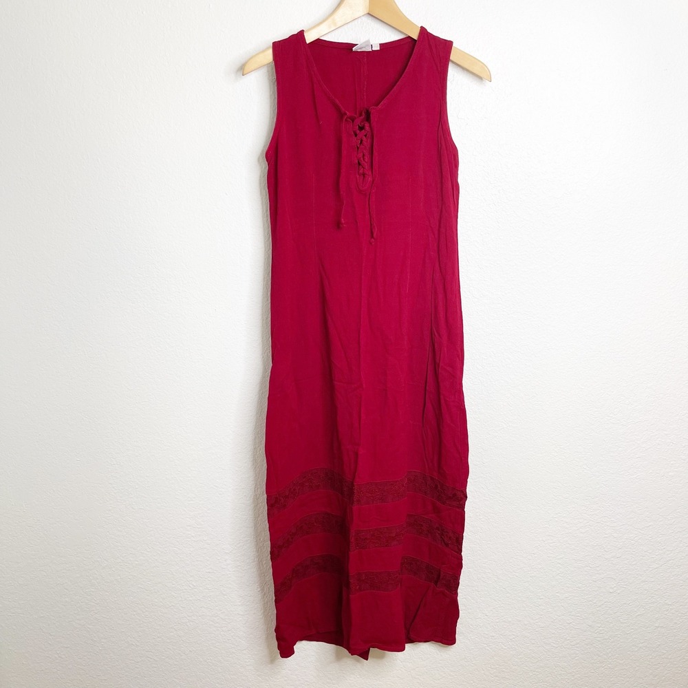Johnny Was Collection Red Sleeveless Lace Up Embroidered Maxi Dress‎ Small